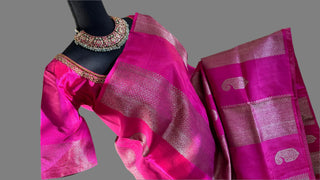 Pink Borderless kanchi pattu saree with embroidered blouse