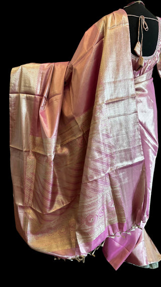 Tissue kanchi pattu saree pastel pink online shopping with prestitched blouse usa