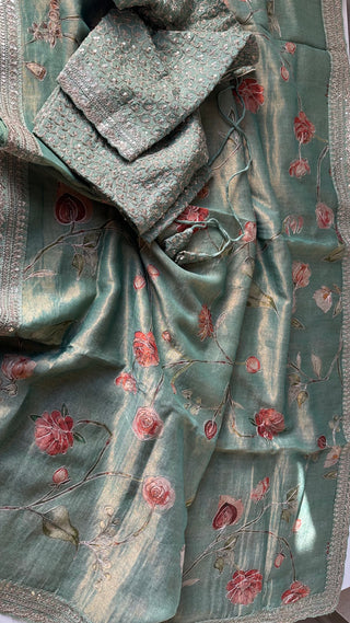 Tissue Green Organza soft weave printed embroidered silk embroidered with stitched blouse