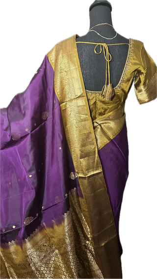 Purple goldzari pure soft silk saree online usa with stitched embroidered blouse online usa