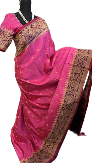 Pink Gadwal handwoven silk saree with embroidered stitched blouse