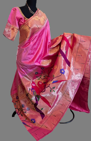 Pure paithani silk saree light pastel pink with half over zari designs parrot paithani pure zari online usa with stitched blouse online sale shopping indian saree wedding telugu bride pelli saree muhurtam fine silk handwoven saree