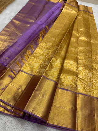 Gold lavender tissue kanjivaram silk saree with contrast blouse online shopping usa