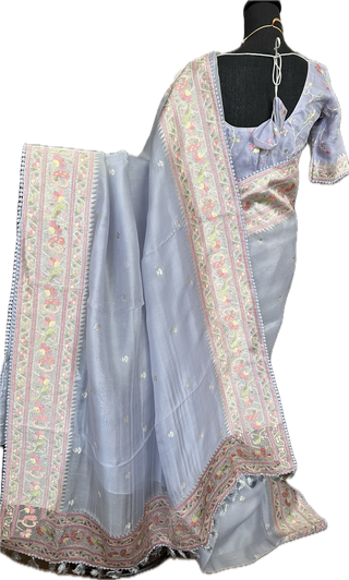 Pastel lavender silver tissue Organza soft weave paithani silver borders with stitched blouse