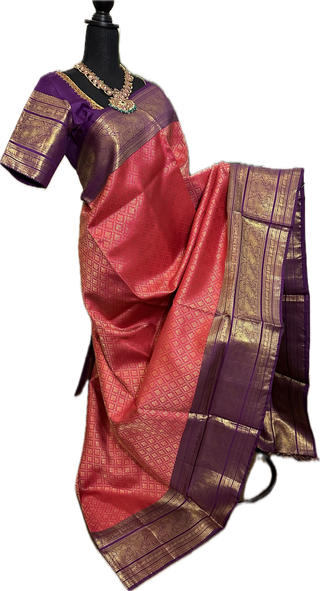 Pinkish Red Brocade kanjivaram silver zari with stitched blouse