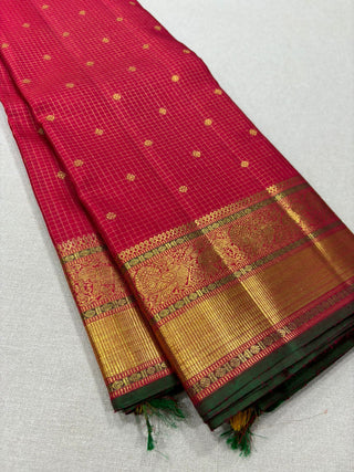 Pure kanchi red small checks butta kanjivaram silk saree with prestitched blouse