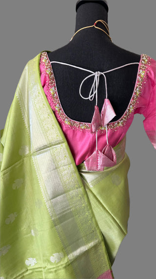 Lime green vaira oosi silver zari KANJIVARAM SAREE with Hand embroidered blouse