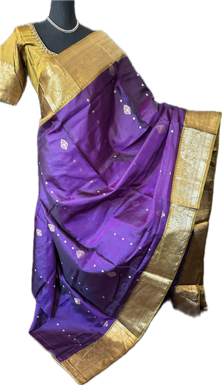 Purple goldzari pure soft silk saree online usa with stitched embroidered blouse online usa