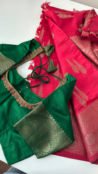 Red Chinya silk with Gold zari with stitched blouses