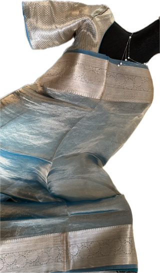 Pastel blue Pure Double Tissue katan Gold Organza  silk saree with blouse online shopping usa