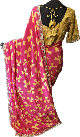 Pink Satin crepe silk saree with stitched blouse