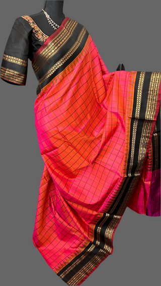 Pink  Gadwal handwoven silk saree with embroidered stitched blouse