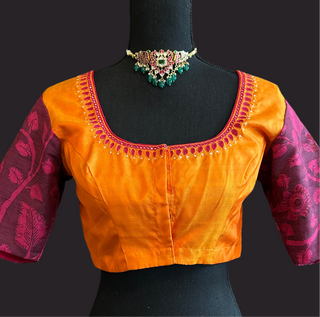 Orange pure silk kalamkari Hand embroidered silk blouse readymade usa online