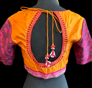 Orange pure silk kalamkari Hand embroidered silk blouse online usa