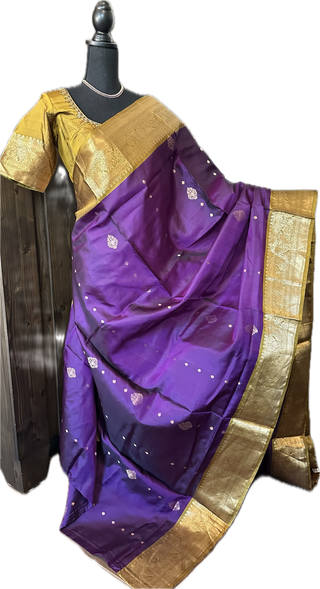 Purple goldzari pure soft silk saree online usa with stitched embroidered blouse online usa