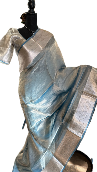 Pastel blue Pure Double Tissue katan Gold Organza  silk saree with blouse online shopping usa