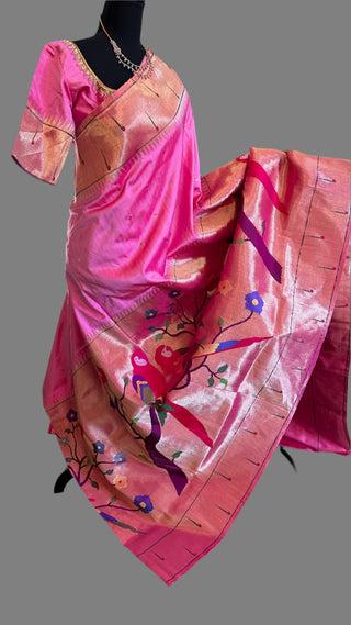 Pure paithani silk saree light pastel pink with half over zari designs parrot paithani pure zari online usa with stitched blouse online sale shopping indian saree wedding telugu bride pelli saree muhurtam fine silk handwoven saree