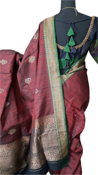 Maroon Tussar Beneras Katan saree with prestitched blouse