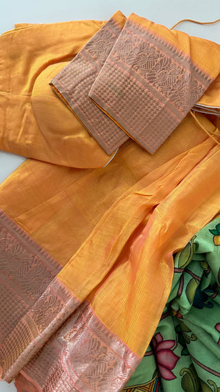 Yellow Pure Mangalagiri Silk Cotton Lehenga with pen kalamkari  Dupatta