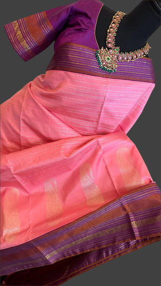 Candy pink kanjivaram silk saree with stitched blouse usa pure zari south silk saree indian wedding usa pink pattu saree online shopping silver zari saree stripes 