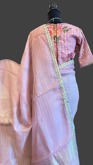 Pink organza pure silk saree with stitched blouse obline usa organza party wear saree 