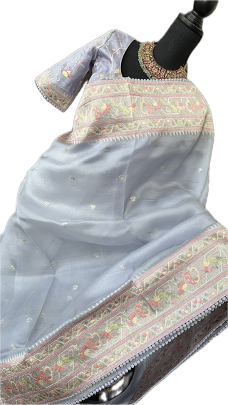 Pastel lavender silver tissue Organza soft weave paithani silver borders with stitched blouse