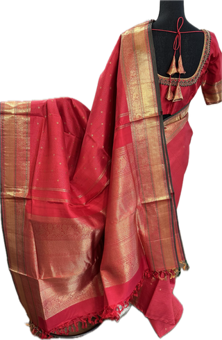 Pure kanchi red small checks butta kanjivaram silk saree with prestitched blouse