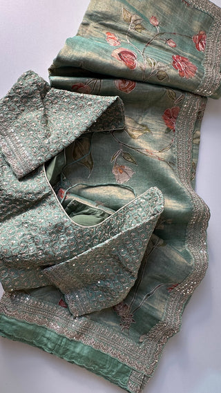 Tissue Green Organza soft weave printed embroidered silk embroidered with stitched blouse