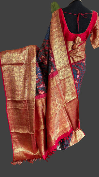 Pure pen kalamkari maroon  pure kanchi pattu saree pen kalamkari saree with blouse online usa