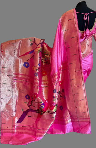 Pure paithani silk saree light pastel pink with half over zari designs parrot paithani pure zari online usa with stitched blouse online sale shopping indian saree wedding telugu bride pelli saree muhurtam fine silk handwoven saree