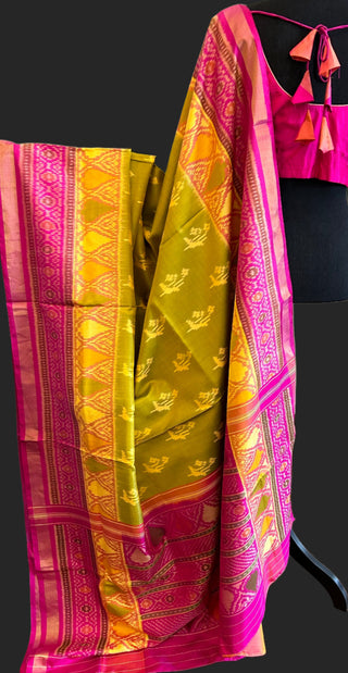 pink and green Patola silk saree with prestitched blouse