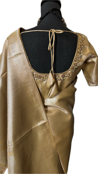 Gold semi fine silk saree bridal with prestitched hand embroidered blouse