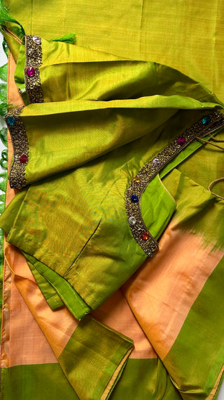 Peach green Pure kanjivaram silk saree with hand embroidered gemstone blouses