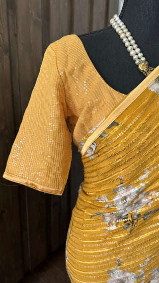 Mustard  Sequin georgette saree digital print with prestitched blouses