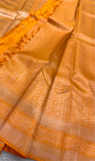 Brocade orange kanchi pattu saree Pure silver zari  kanjivaram silk saree with prestitched blouse border