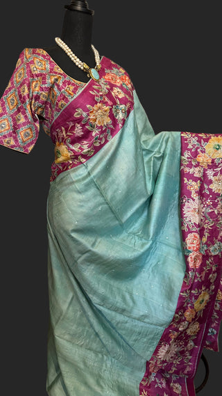 Pastel blue tussar silk saree online usa