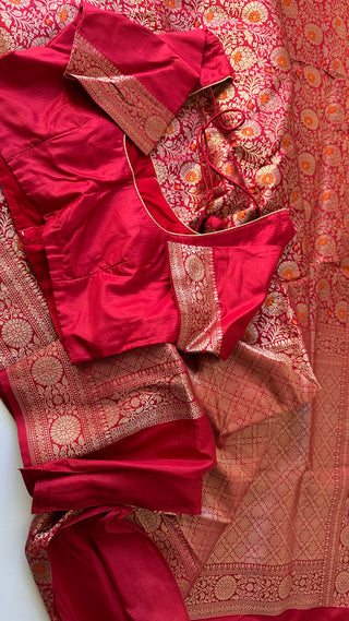 Red Pure katan Benerasi silk saree with stitched  blouse online shopping usa