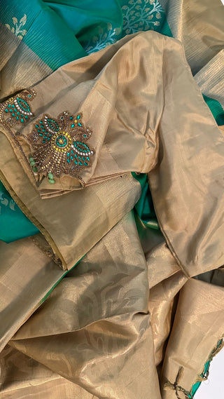 Green soft silk saree with hand embroidered blouse online usa