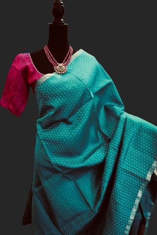 Teal green  pure Raw silk saree with silver motifs contrast blouse online usa