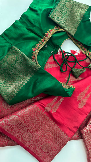 Red Chinya silk with Gold zari with stitched blouses