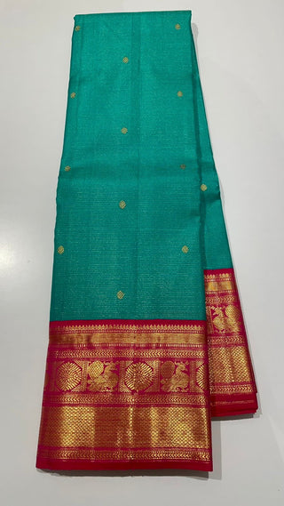 Teal Reddish Pink Vaira oosi kanchi pattu saree fine weave kanchi pattu bridal