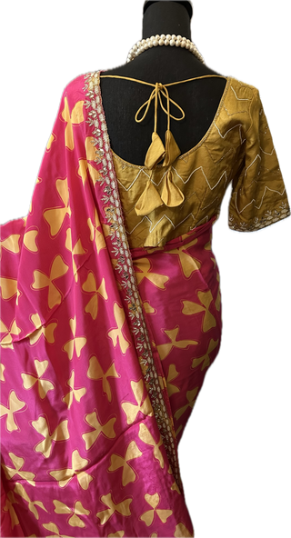 Pink Satin crepe silk saree with stitched blouse