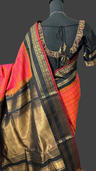 Pink  Gadwal handwoven silk saree with embroidered stitched blouse