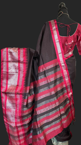Black Mangalagiri silk cotton saree with stitched blouse online usa 
