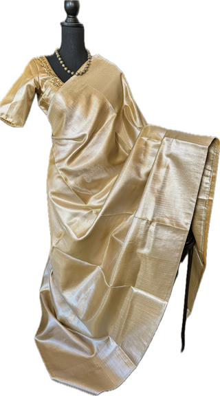 Gold semi fine silk saree bridal with prestitched hand embroidered blouse