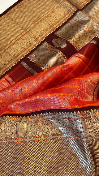 Pure Orange brocade kanjivaram silk saree with prestitched blouse