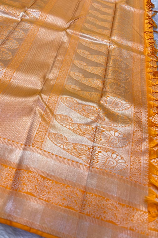 Brocade orange kanchi pattu saree Pure silver zari  kanjivaram silk saree with prestitched blouse border