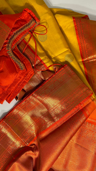 Yellow kanjivaram silk saree blouse embroidered blouse