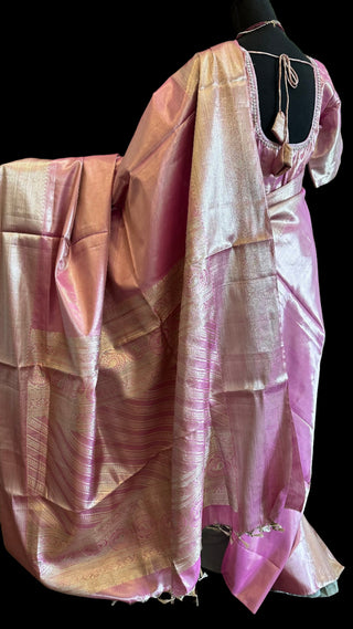 Tissue kanchi pattu saree pastel pink online shopping with prestitched blouse usa