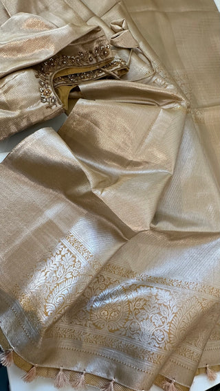 Gold semi fine silk saree bridal with prestitched hand embroidered blouse